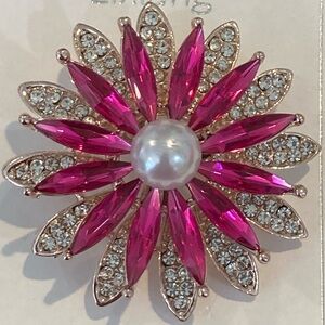 Gold-Tone Pink Crystal Flower Brooch with Pearl Center
